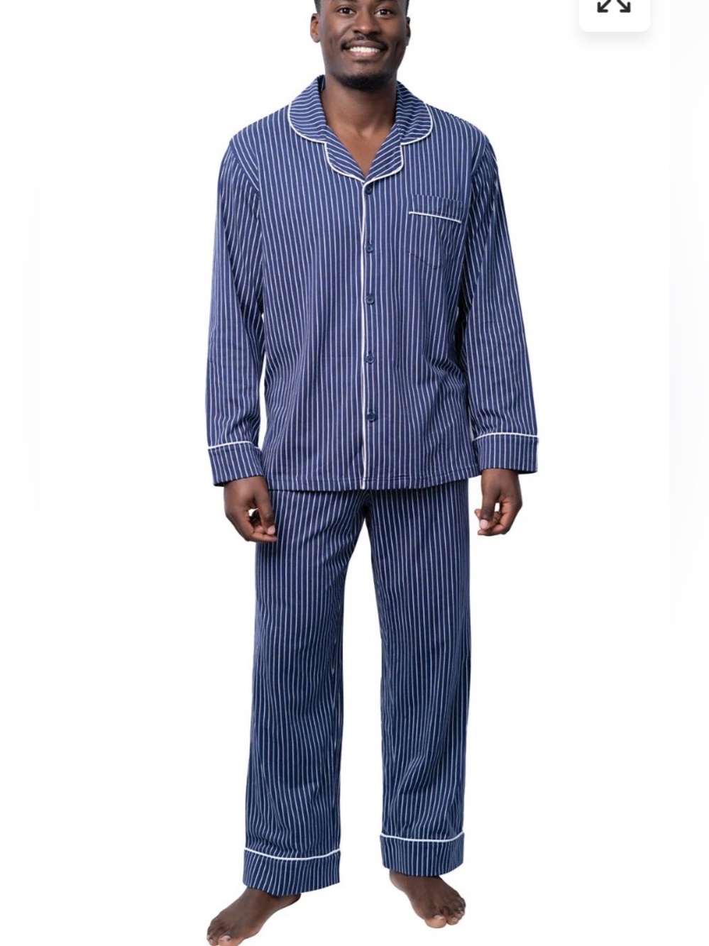 Pajamagram Men’s Navy Striped Long Sleeve Button Up And Pants Comfy Lounge Large